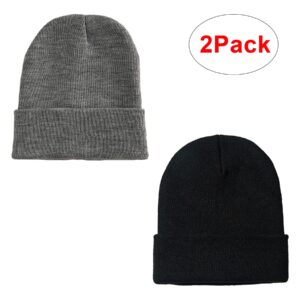 PFFY 2 Packs Unisex Beanie Hats for Men and Women Knit Winter Beanies Black+Gray