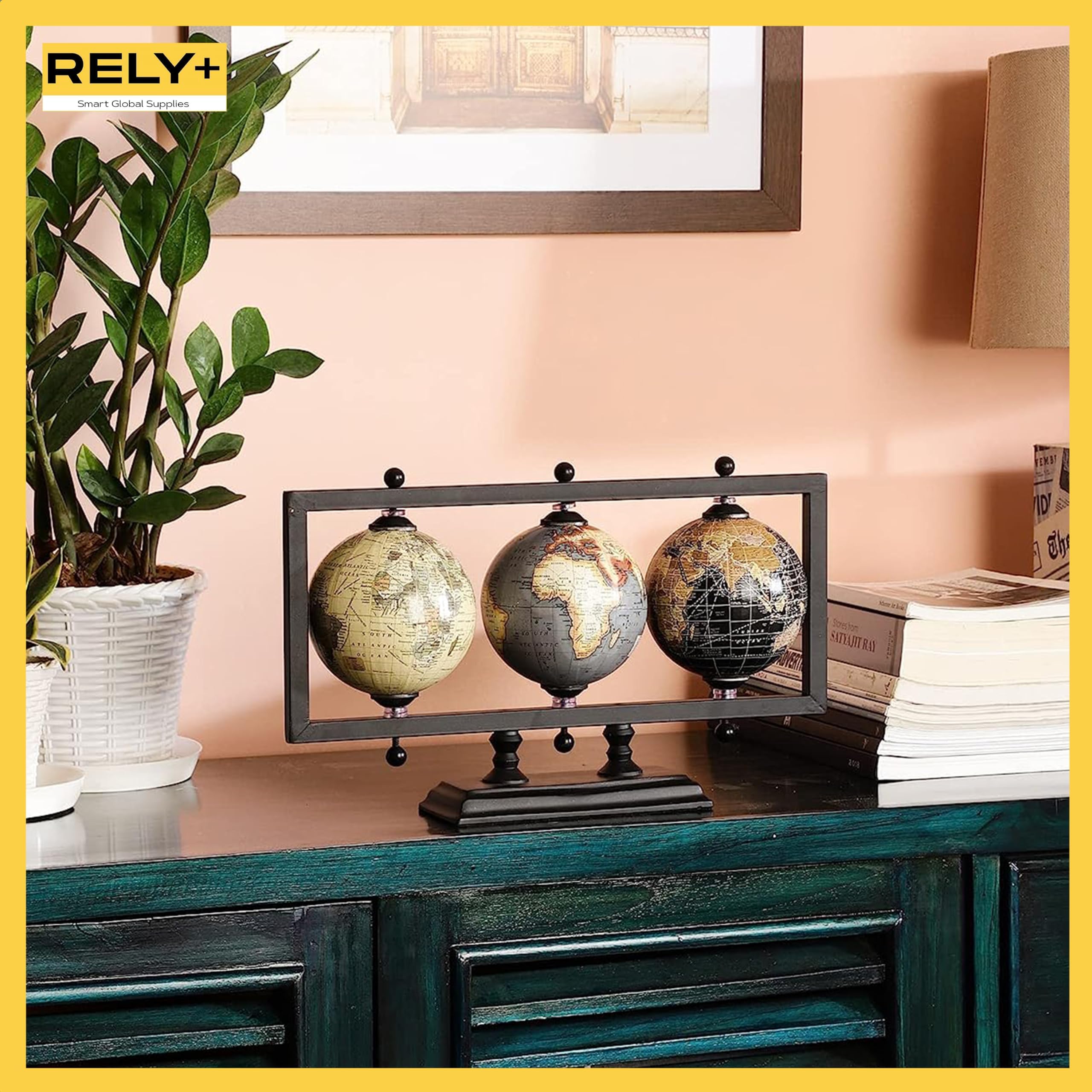 Rely+ Set of 3 4'' Earth Globe for Desk Office Decor World Globe Sturdy Metal Stand (NOT PLASTIC!) - Rotating Desktop Globe For Geographic Home Table Gift for adult Book Shelf World Landscape