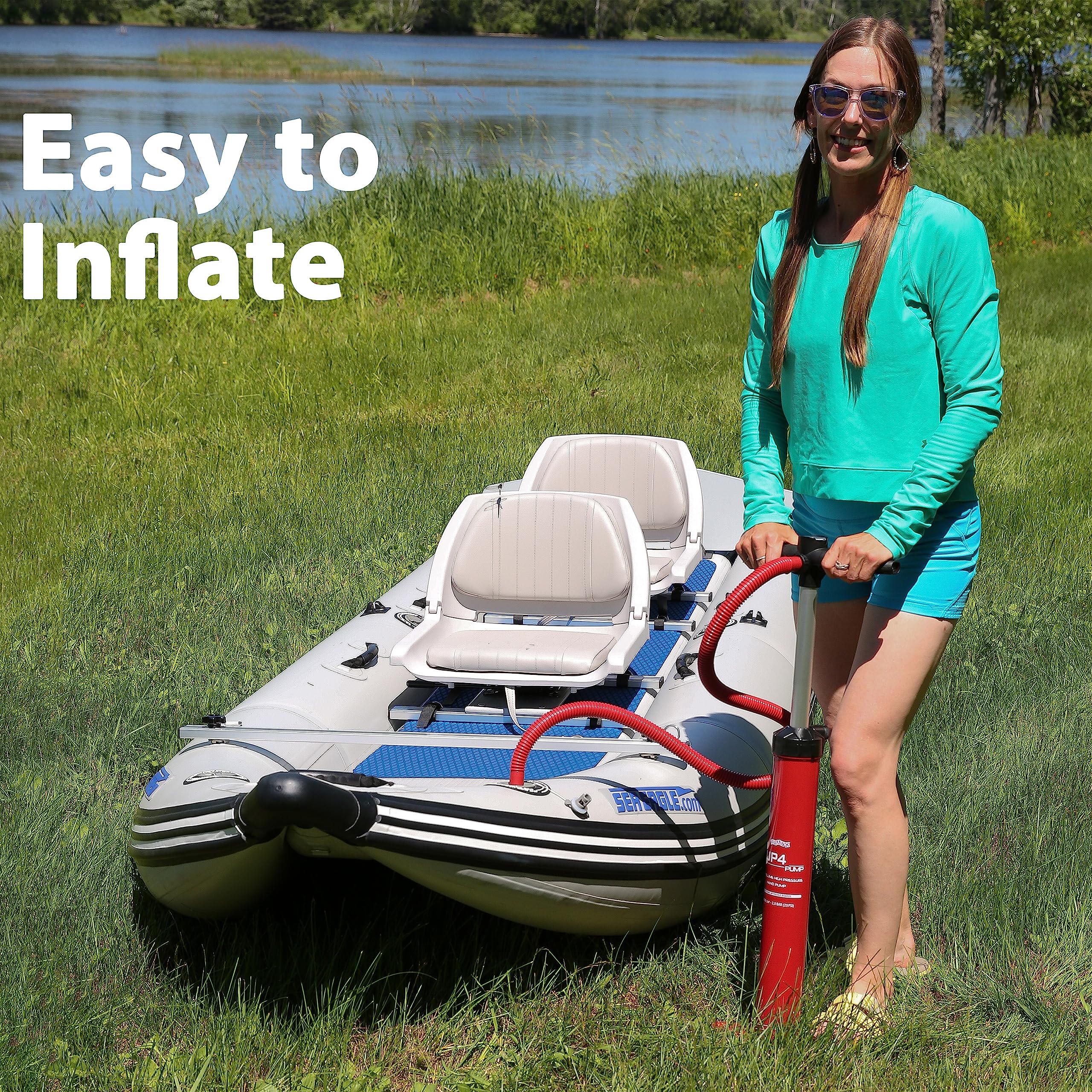 Sea Eagle 437ps PaddleSki Inflatable 1-2 Person Catamaran Boat – Paddle, Motor, Fish, or Sail – 4-in-1 Inflatable Watercraft – Self Bailing (437ps PaddleSki Swivel Seat Package)