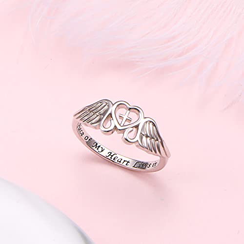 FLYOW S925 Sterling Silver A Piece of My Heart Lives in Heaven Angel Wing Ring for Women Jewelry Memory of Mom Dad Grandma Grandpa Husband Loss Memorial Gift, Size 9