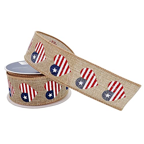 1.5" Faux Linen Wired Flag Heart Ribbon by Celebrate It Red, White & Blue