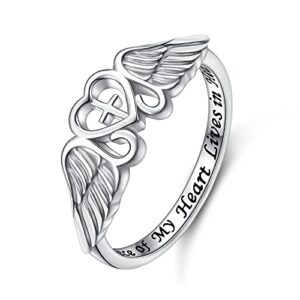 FLYOW S925 Sterling Silver A Piece of My Heart Lives in Heaven Angel Wing Ring for Women Jewelry Memory of Mom Dad Grandma Grandpa Husband Loss Memorial Gift, Size 9