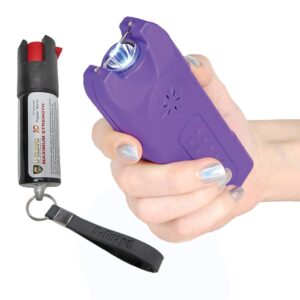 stun gun and pepper spray combo with personal alarm self-defense kit. includes police strength formula oc, uv dye keychain pepper spray, flashlight siren alarm with rechargeable stun gun purple.