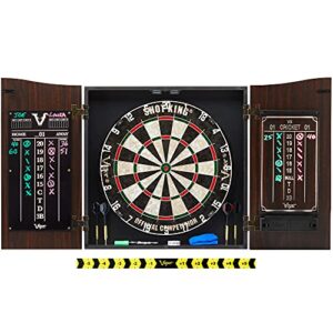 viper by gld products vault deluxe dartboard cabinet with shot king sisal dartboard and illumiscore scoreboard, wood