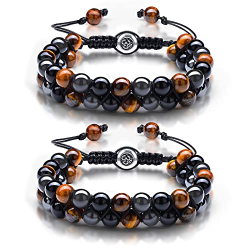 2 Pieces Lava Rock Bead Bracelets Hematite Black Obsidian Tiger Eye Stone Bracelet Healing Crystal Gemstone Bead Bracelet Adjustable Anxiety Bracelet