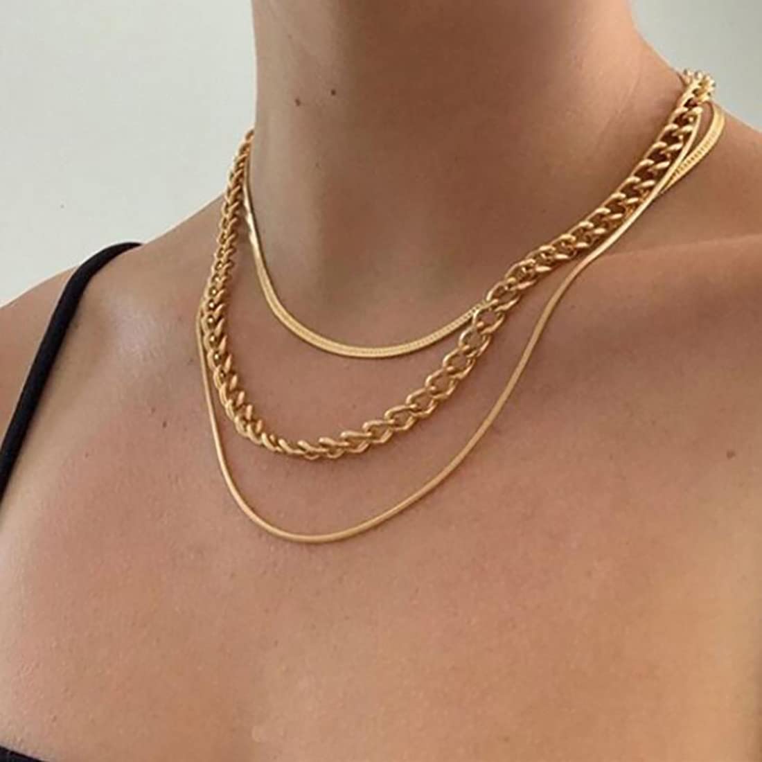 Tayel Fashion Layered Snake Chain Choker Necklaces Gold Thick Chunky Hexagon Circle Necklace Jewelry Adjustable for Women and Girls