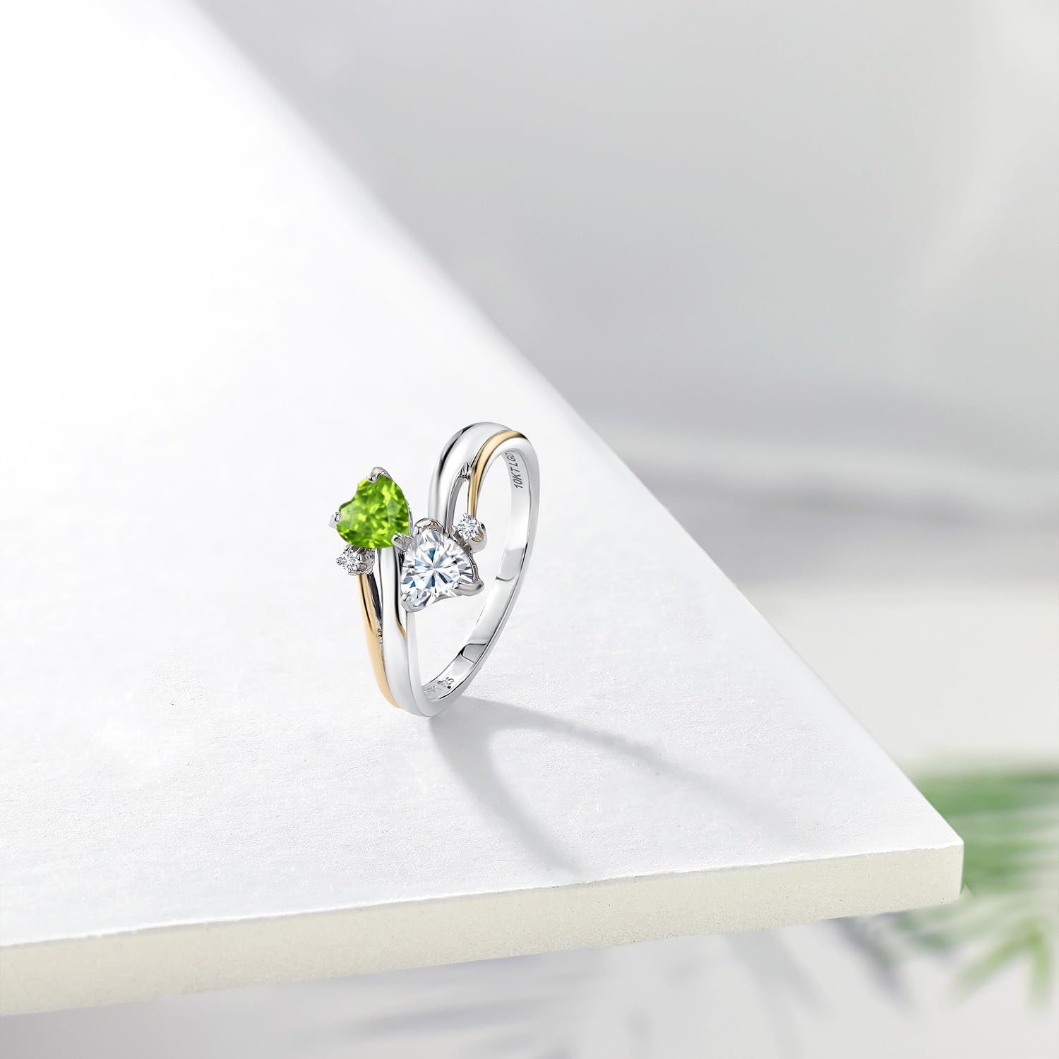 925 Silver and 10K Yellow Gold Green Peridot and Moissanite from Charles & Colvard 2 Heart Promise Couple Engagement Mother Ring (1.02 Cttw, Gemstone Birthstone, Available In Size 5, 6, 7, 8, 9)