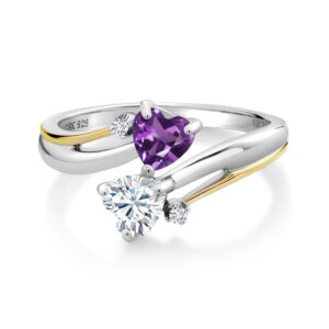 925 Silver and 10K Yellow Gold Purple Amethyst White Moissanite and White Lab Grown Diamond 2 Heart Promise Couple Engagement Mother Ring (0.94 Cttw, Birthstone, Available In Size 5, 6, 7, 8, 9)