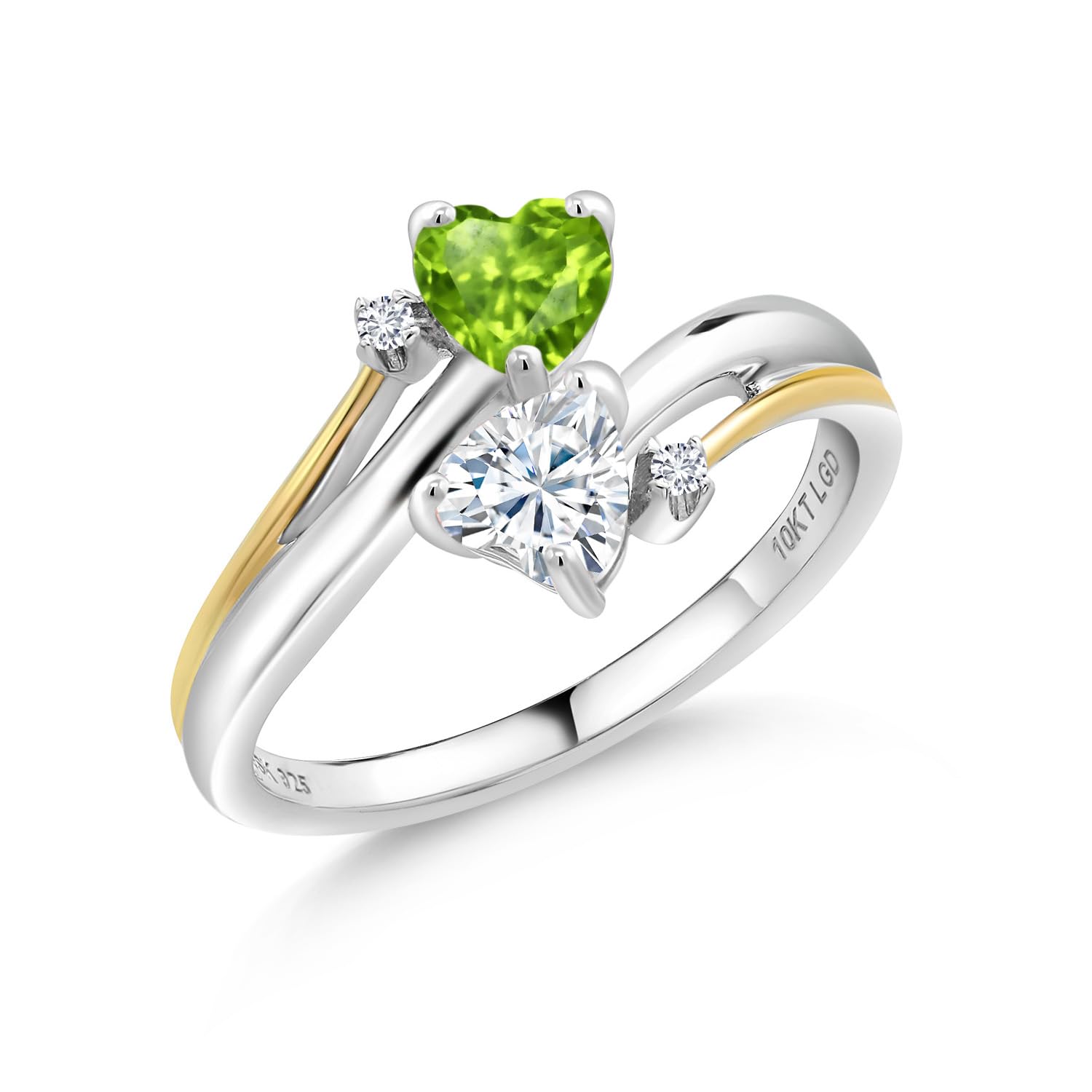 925 Silver and 10K Yellow Gold Green Peridot and Moissanite from Charles & Colvard 2 Heart Promise Couple Engagement Mother Ring (1.02 Cttw, Gemstone Birthstone, Available In Size 5, 6, 7, 8, 9)