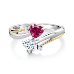 925 Sterling Silver and 10K Yellow Gold Red Created Ruby and Forever Classic Moissanite from Charles & Colvard 2 Heart Engagement Ring For Women (1.12 Cttw, Available In Size 5, 6, 7, 8, 9)