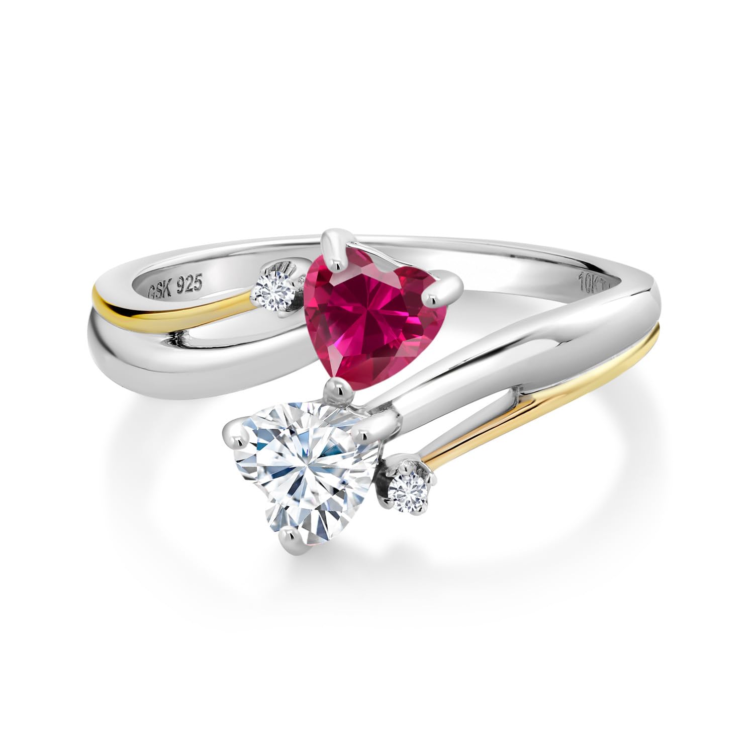 925 Sterling Silver and 10K Yellow Gold Red Created Ruby and Forever Classic Moissanite from Charles & Colvard 2 Heart Engagement Ring For Women (1.12 Cttw, Available In Size 5, 6, 7, 8, 9)