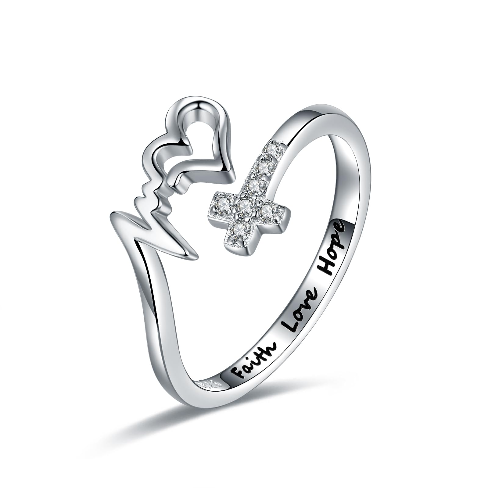 EJALEN S925-Sterling-Silver Faith Hope Love Heart Cross Rings for Women Adjustable Inspirational Faith Over Fear Ring Jewelry Jesus Christmas Gifts for Teens Grils Size 6-8 (white)