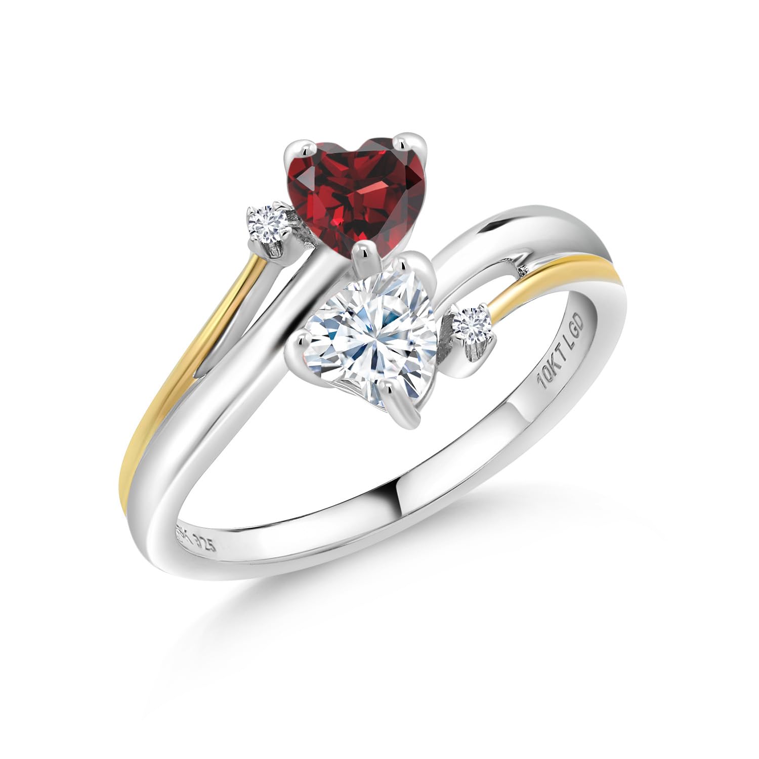 925 Sterling Silver and 10K Yellow Gold Red Garnet and Forever Classic Moissanite from Charles & Colvard 2 Heart Promise Engagement Mother Ring (1.12 Cttw, Available In Size 5, 6, 7, 8, 9)