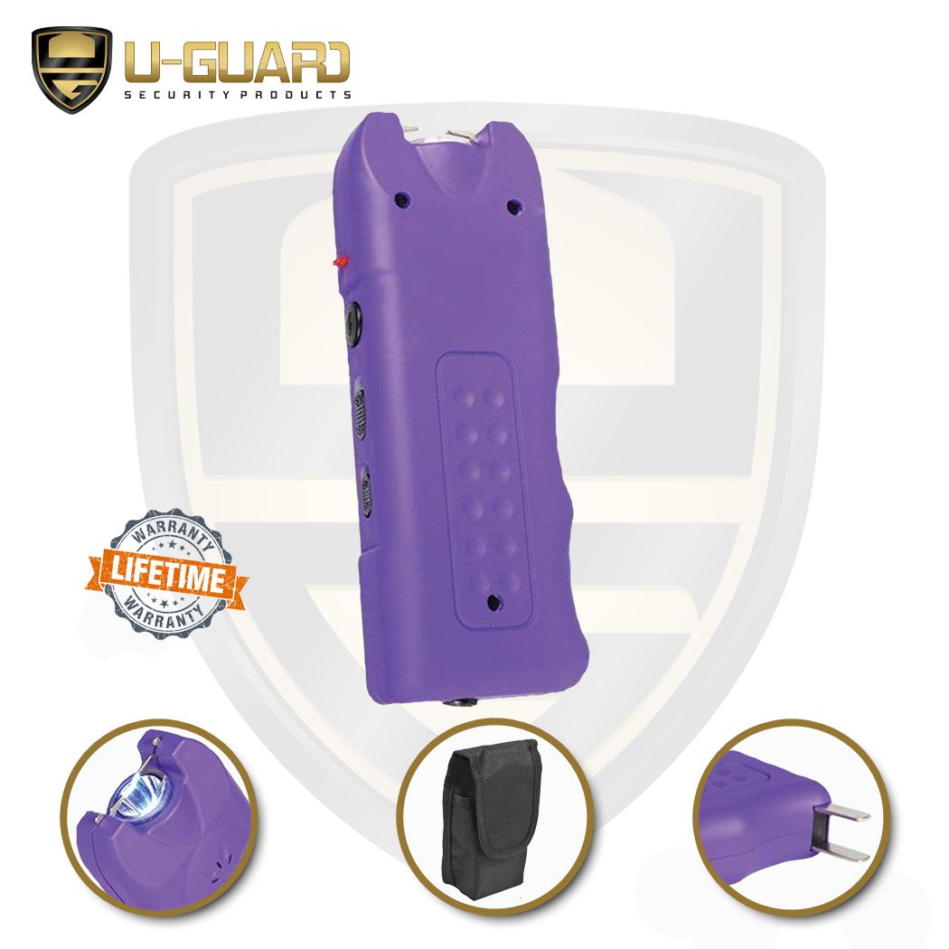 Stun Gun and Pepper Spray Combo with Personal Alarm Self-Defense Kit. Includes Police Strength Formula OC, UV Dye Keychain Pepper Spray, Flashlight Siren Alarm with Rechargeable Stun Gun Purple.