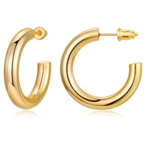 gacimy chunky gold hoop earrings for women 14k real gold plated, 925 sterling silver post gold hoops for women, 30mm yellow gold medium hoop earrings