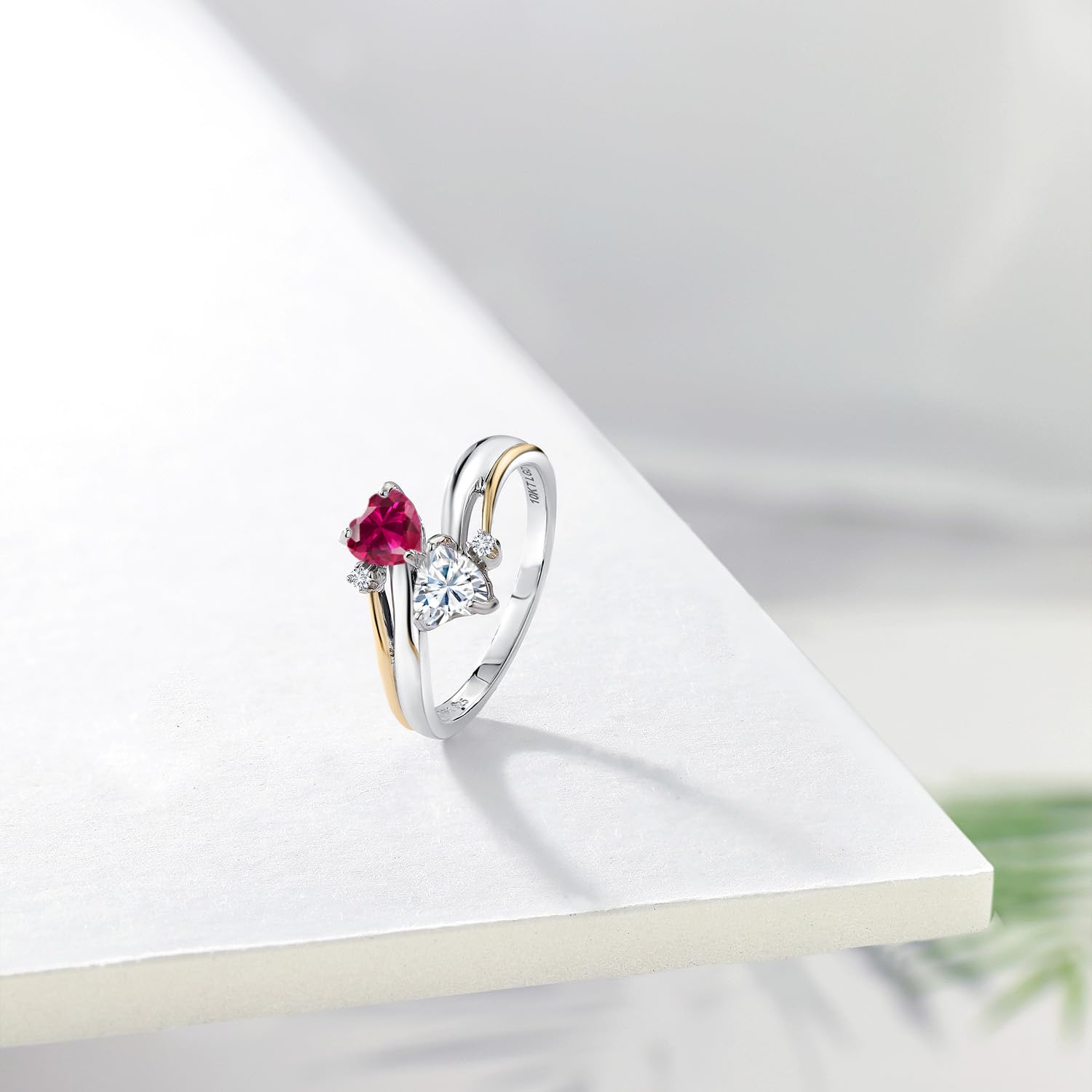 925 Sterling Silver and 10K Yellow Gold Red Created Ruby and Forever Classic Moissanite from Charles & Colvard 2 Heart Engagement Ring For Women (1.12 Cttw, Available In Size 5, 6, 7, 8, 9)