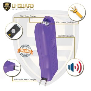 Stun Gun and Pepper Spray Combo with Personal Alarm Self-Defense Kit. Includes Police Strength Formula OC, UV Dye Keychain Pepper Spray, Flashlight Siren Alarm with Rechargeable Stun Gun Purple.