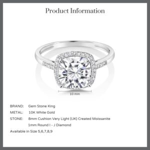 Gem Stone King 10K White Gold Cushion Cut 8MM Gemstone Birthstone and Accent Diamonds Halo Engagement Ring For Women | Wedding Anniversary Promise Ring For Women | Available In Size 5, 6, 7, 8, 9