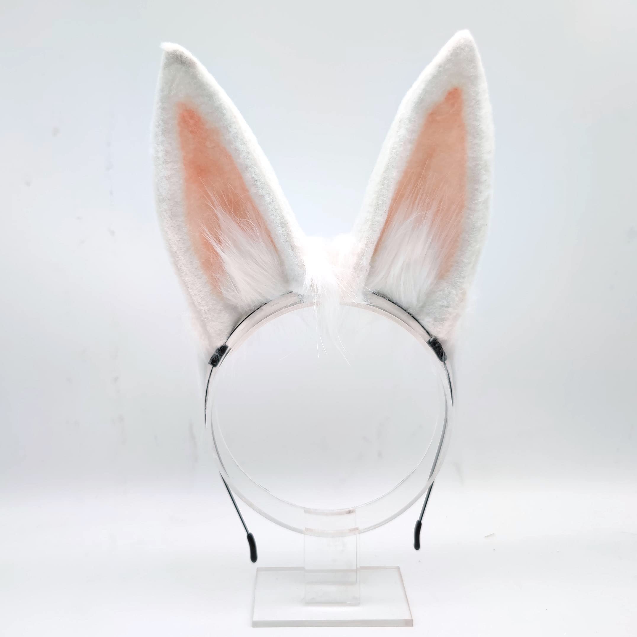 Faylay Plush Furry Bunny Headwear Artificial Rabbit Ear Headband Simulation (2-White)