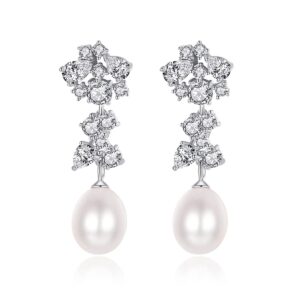 QuakerBird Freshwater Cultured Genuine Pearl Drop Earrings for Women Sterling Silver 9-10 mm Pearls Tennis Cluster CZ Dangle Stud Earrings Wedding (01, ivory)