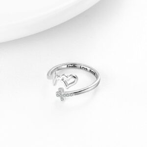 EJALEN S925-Sterling-Silver Faith Hope Love Heart Cross Rings for Women Adjustable Inspirational Faith Over Fear Ring Jewelry Jesus Christmas Gifts for Teens Grils Size 6-8 (white)