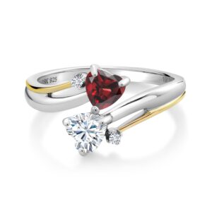 925 Sterling Silver and 10K Yellow Gold Red Garnet and Forever Classic Moissanite from Charles & Colvard 2 Heart Promise Engagement Mother Ring (1.12 Cttw, Available In Size 5, 6, 7, 8, 9)