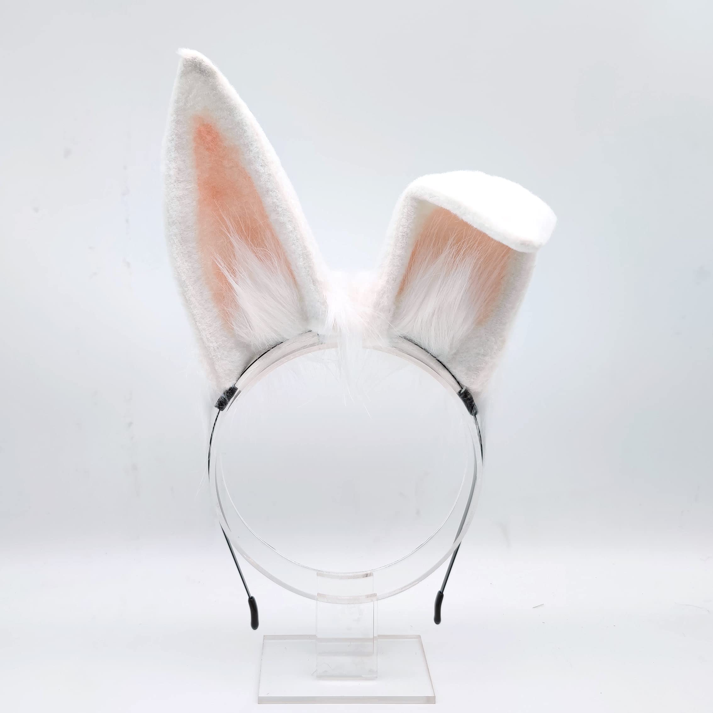 Faylay Plush Furry Bunny Headwear Artificial Rabbit Ear Headband Simulation (2-White)