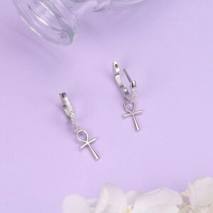 S925 Sterling Silver Ankh Cross Huggie Hoop Dangle Drop Earrings for Women Men Jewelry