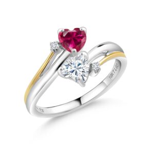 925 sterling silver and 10k yellow gold red created ruby and forever classic moissanite from charles & colvard 2 heart engagement ring for women (1.12 cttw, available in size 5, 6, 7, 8, 9)