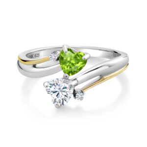 925 Silver and 10K Yellow Gold Green Peridot and Moissanite from Charles & Colvard 2 Heart Promise Couple Engagement Mother Ring (1.02 Cttw, Gemstone Birthstone, Available In Size 5, 6, 7, 8, 9)