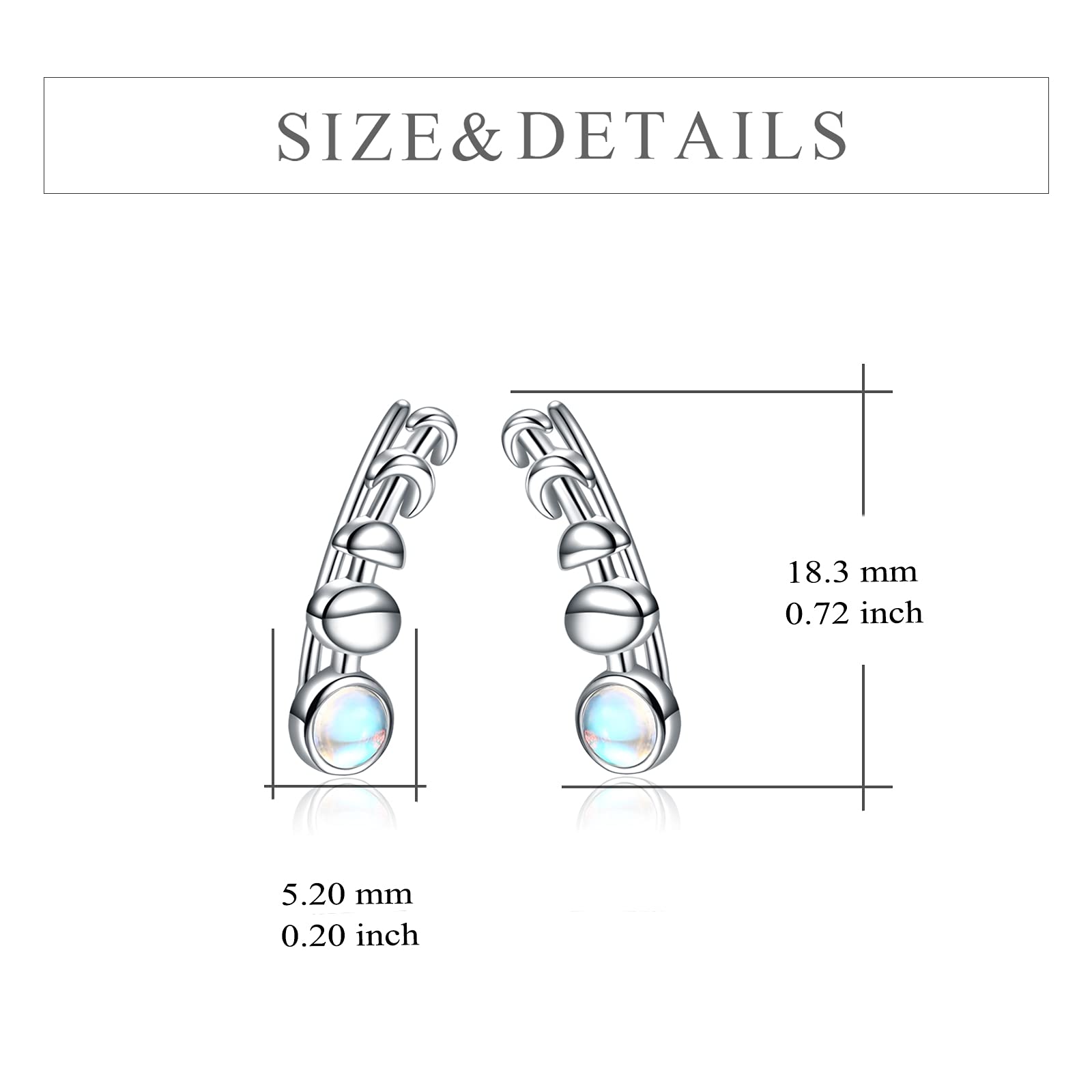 925 Sterling Silver Moon Phase Ear Crawler Cuff Earrings Ear Climber Hypoallergenic Moonstone Earrings (AB Color Moonstone)