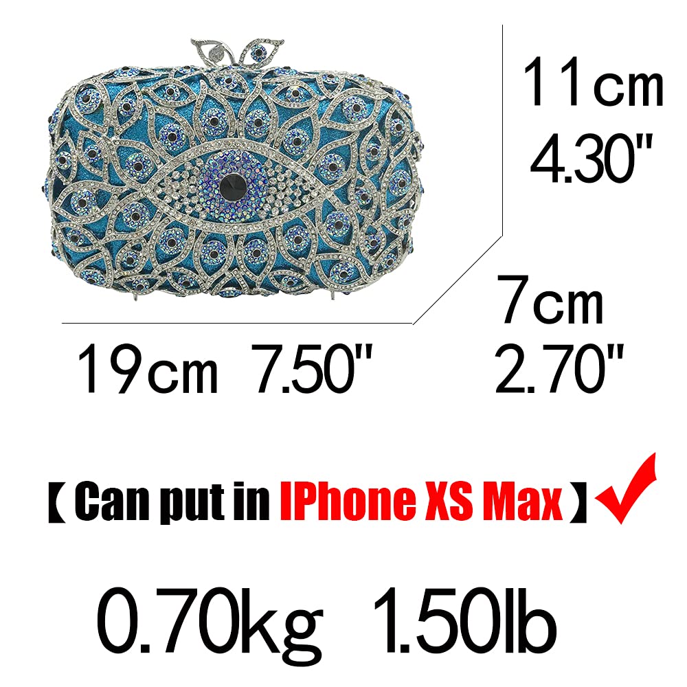 Boutique De FGG The Evil Eye Crystal Clutch Bags Women Evening Purses Wedding Party Prom Rhinestone Handbags, 438-Blue, Mini