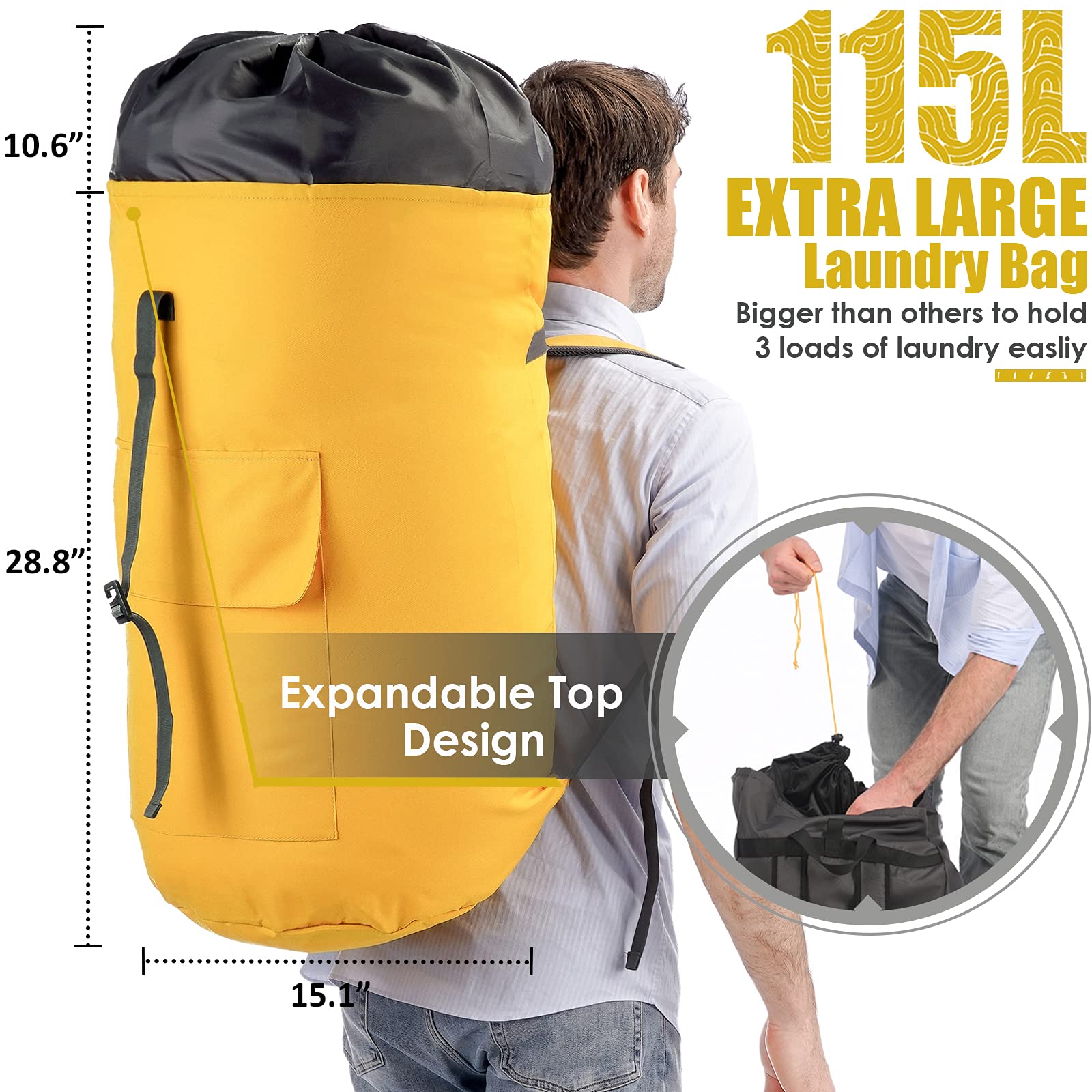 College Dorm Laundry Bag Extra Large, 115L Laundry Backpack for College, Heavy Duty Laundry Bag for Camp, Yellow Backpack Laundry Bag, Dirty Clothes Bag for Dorm, Trips, Laundromat, Apartment