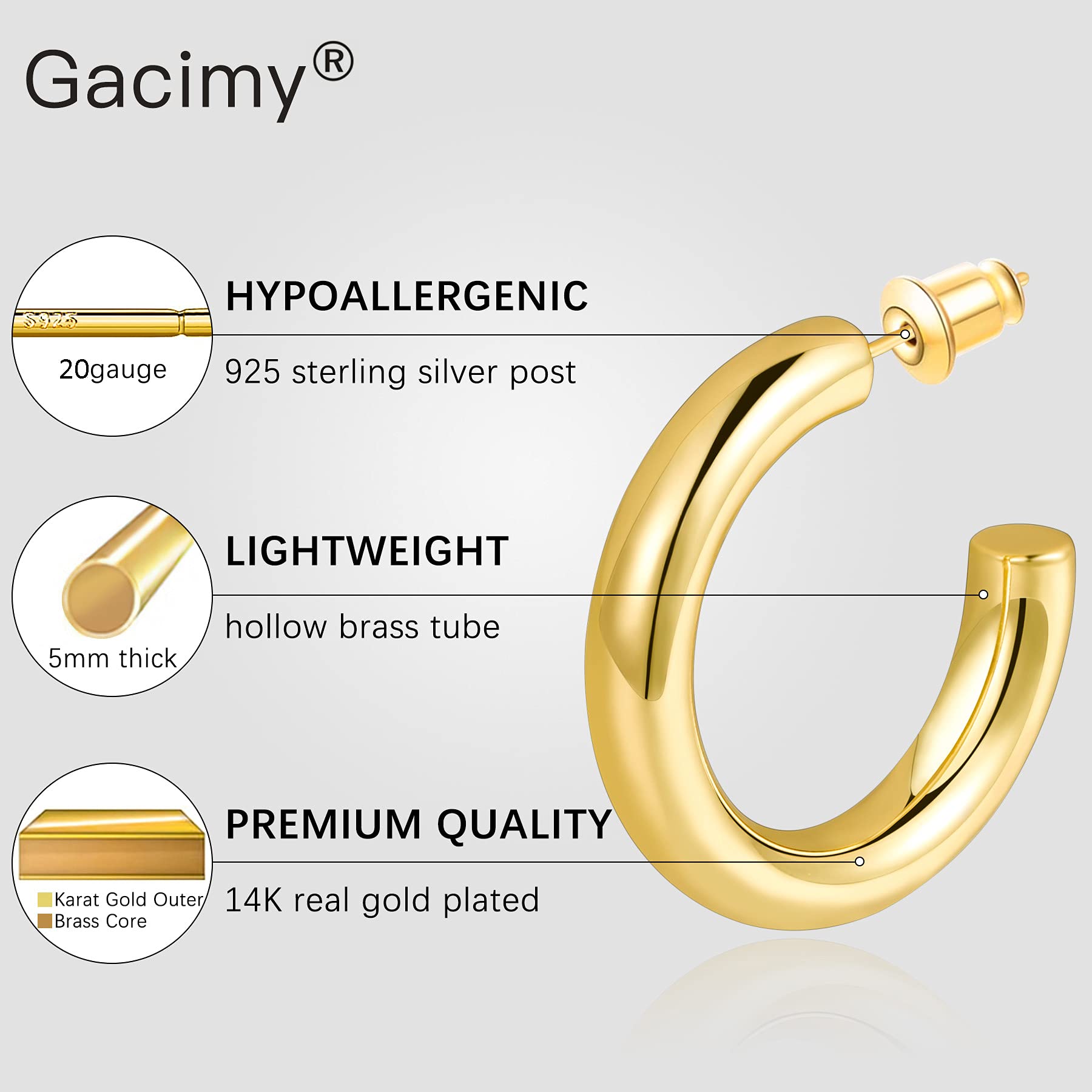 Gacimy Chunky Gold Hoop Earrings for Women 14k Real Gold Plated, 925 Sterling Silver Post Gold Hoops for Women, 30mm Yellow Gold Medium Hoop Earrings