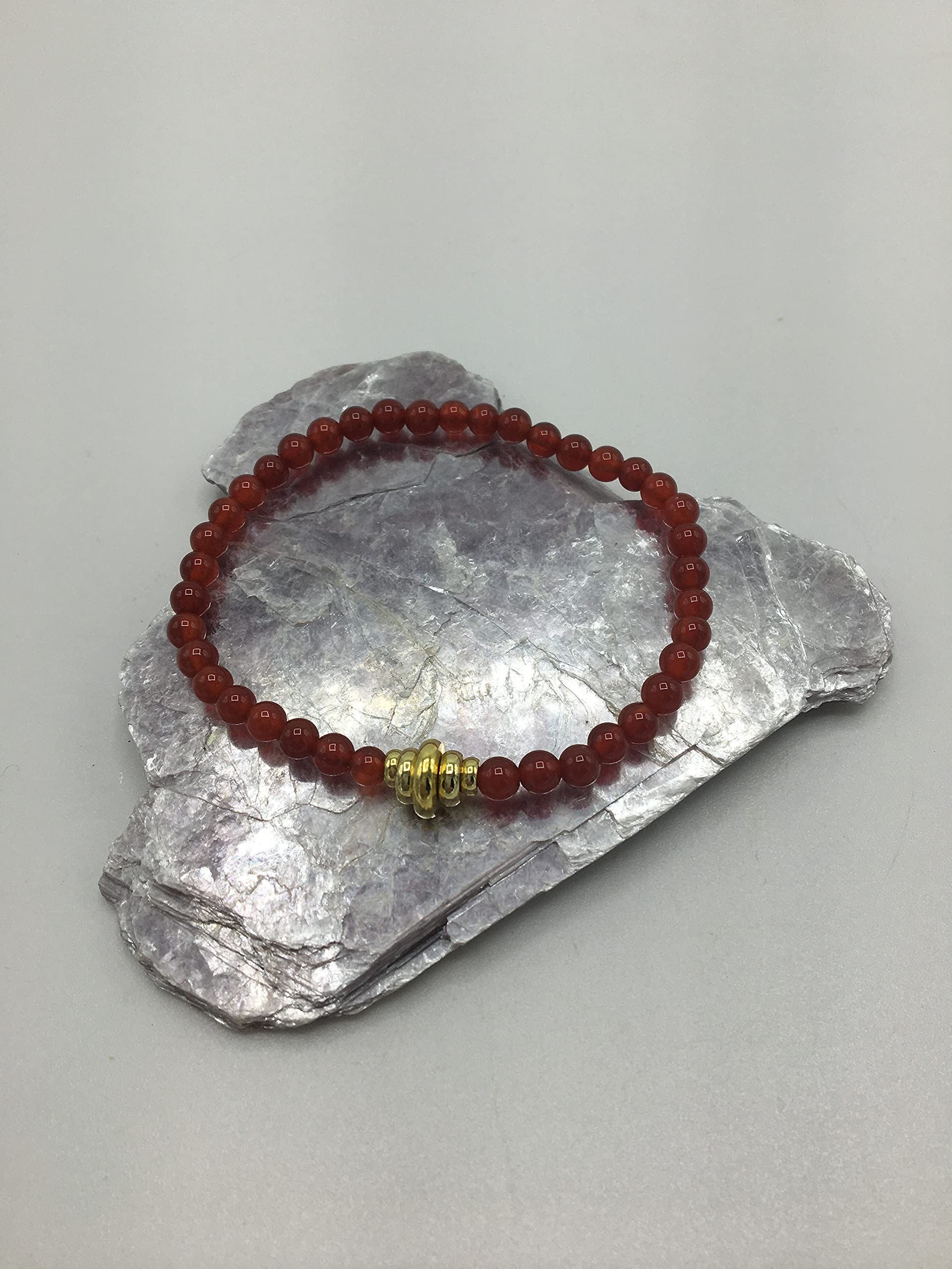 LTC Designs 4mm Red-Agate (Carnelian) Stretch Bracelet with Gold-toned Metal Centerpieces Perfect for Back to School, 6.5".also for Men, Women