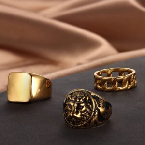 HANPABUM 3Pcs 14K Gold Plated Rings for Men Women Chunky Cuban Link Ring, Size 7-15