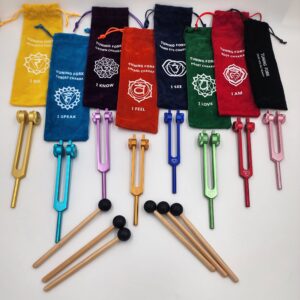 YANTRA Chakra Tuning Fork Set of 8 Color Weighted Healing with Individually Marked Chakra Sign Bags and Striker Includes Soul Purpose