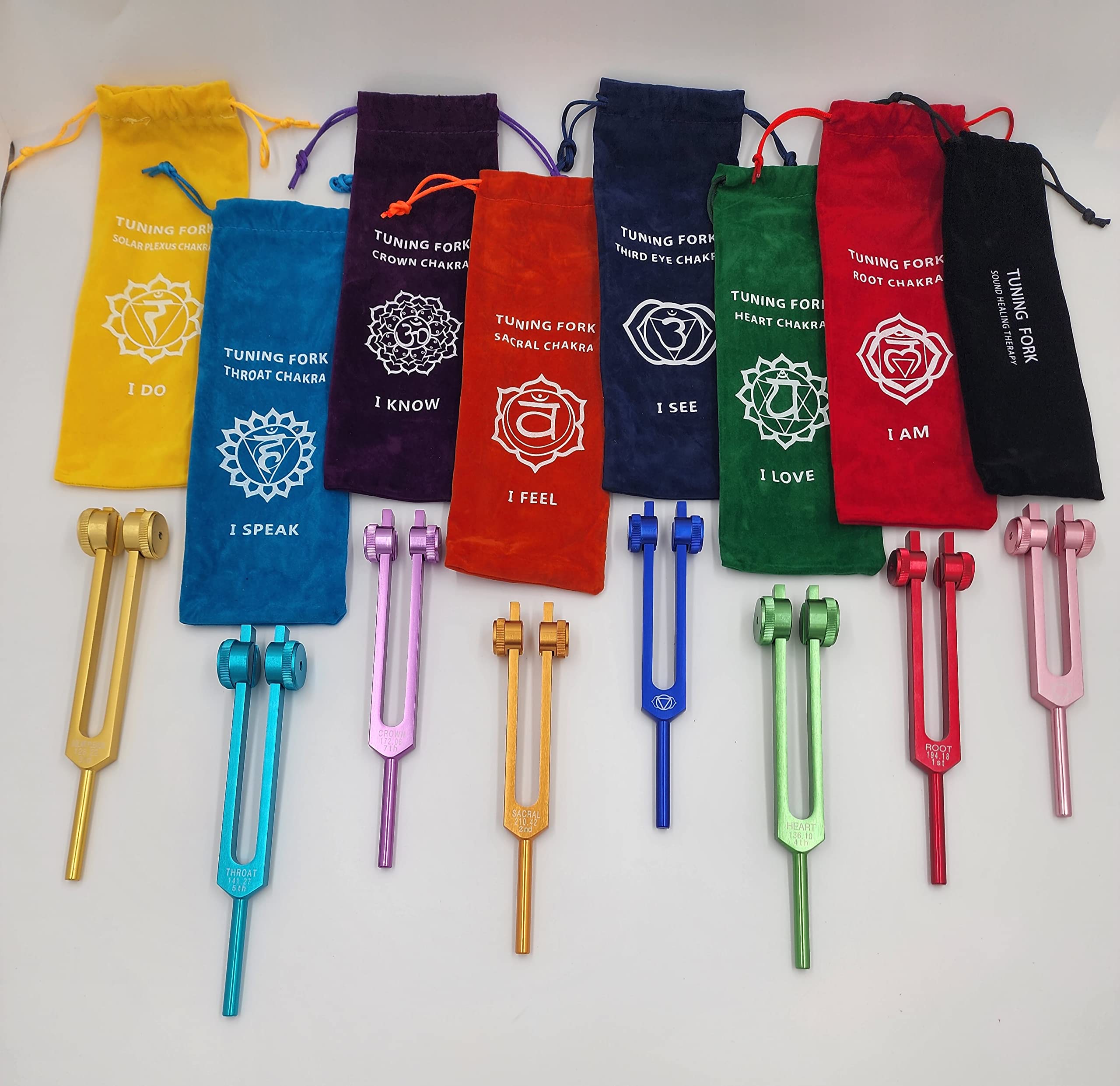 YANTRA Chakra Tuning Fork Set of 8 Color Weighted Healing with Individually Marked Chakra Sign Bags and Striker Includes Soul Purpose