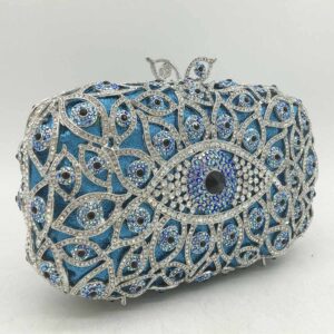 Boutique De FGG The Evil Eye Crystal Clutch Bags Women Evening Purses Wedding Party Prom Rhinestone Handbags, 438-Blue, Mini