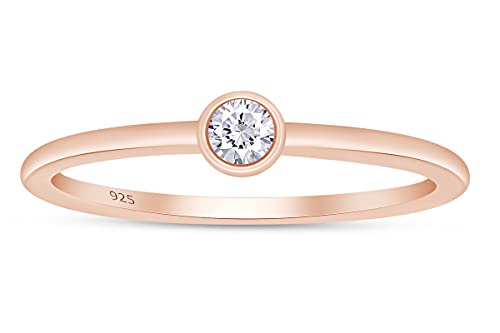 SAVEARTH DIAMONDS 2.5MM Round Cut Lab Grown Diamond Bezel Set Solitaire Stackable Engagement Ring In 14k Rose Gold Over Sterling Silver (0.07 Cttw) Ring Size-7.5