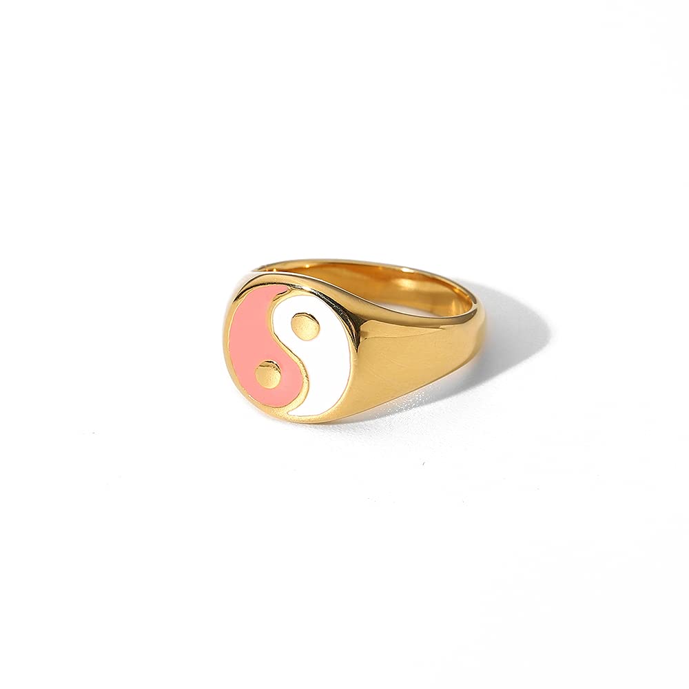 Yin and Yang Pink and White Round Signet Band Ring for Women Hypoallergenic Stainless Steel 18K Gold Plated Fashion Dainty Middle Finger Ring Tai Chi Balance Chinese Taoism Zen Spirit Talisman Statement Ba Gua Feng Shui BFF Birthday Size 6-8 (6)