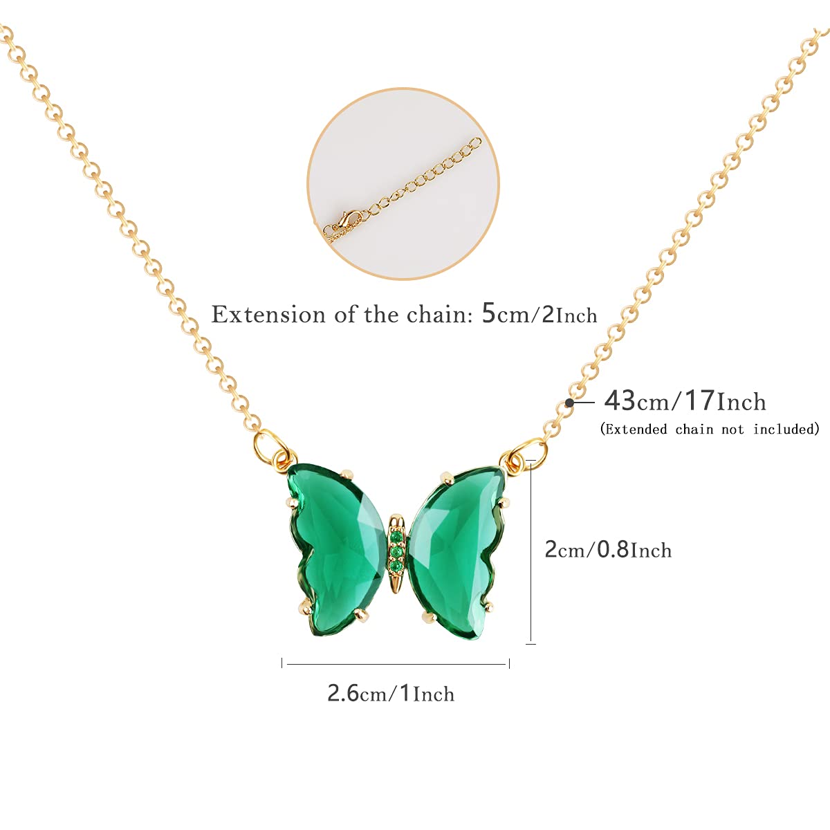 MISS RIGHT Butterfly Y2K Jewelry Emerald Green Necklace with Birthstones for Women, Dainty 14K Gold Plated Chain Cute Preppy Crystal Necklace