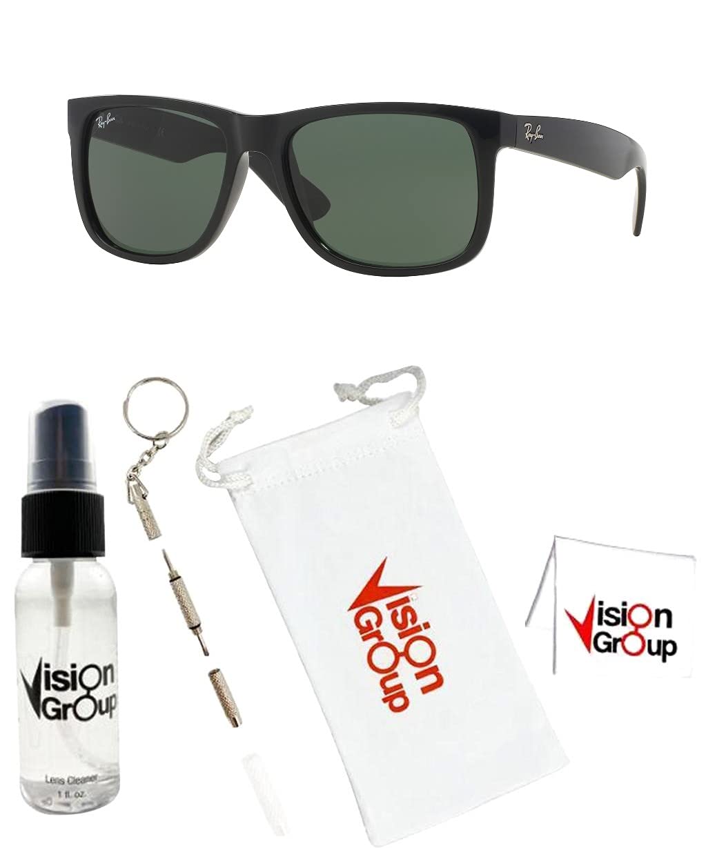 Ray-Ban RB4165 Justin Sunglasses + Vision Group Accessories Bundle (Black/Dark Green (601/71),55), unisex-adult