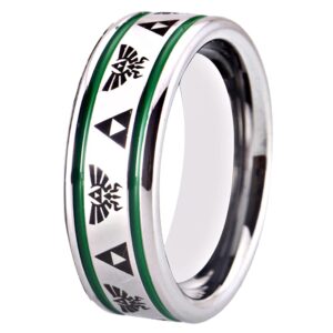 CLOUD DANCER The Legend of Zelda Ring- Crest and Triforce Ring Silver Tone Pipe with Two Blue/Red/Green Thin Lines Tungsten Carbide Wedding Bands Ring - Free Custom Engraving (Green Lines, 8.5)