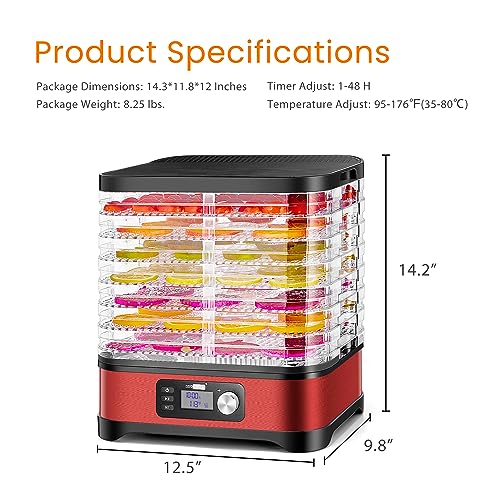 VIVOHOME Food Dehydrator Machine, 8 Trays Meat Hydrator with 48H Digital Timer and Temperature Adjustable 95-176℉ for Fruit Vegetable Beef Jerky Maker, BPA Free, Silicone Trivet Tong Included, Red