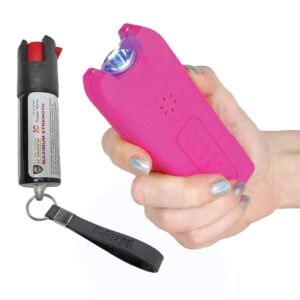 stun gun and pepper spray combo with personal alarm self-defense kit. includes police strength formula oc, uv dye keychain pepper spray, flashlight siren alarm with rechargeable stun gun pink.