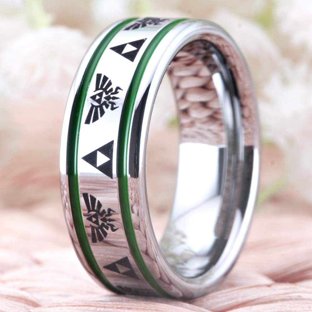 CLOUD DANCER The Legend of Zelda Ring- Crest and Triforce Ring Silver Tone Pipe with Two Blue/Red/Green Thin Lines Tungsten Carbide Wedding Bands Ring - Free Custom Engraving (Green Lines, 8.5)