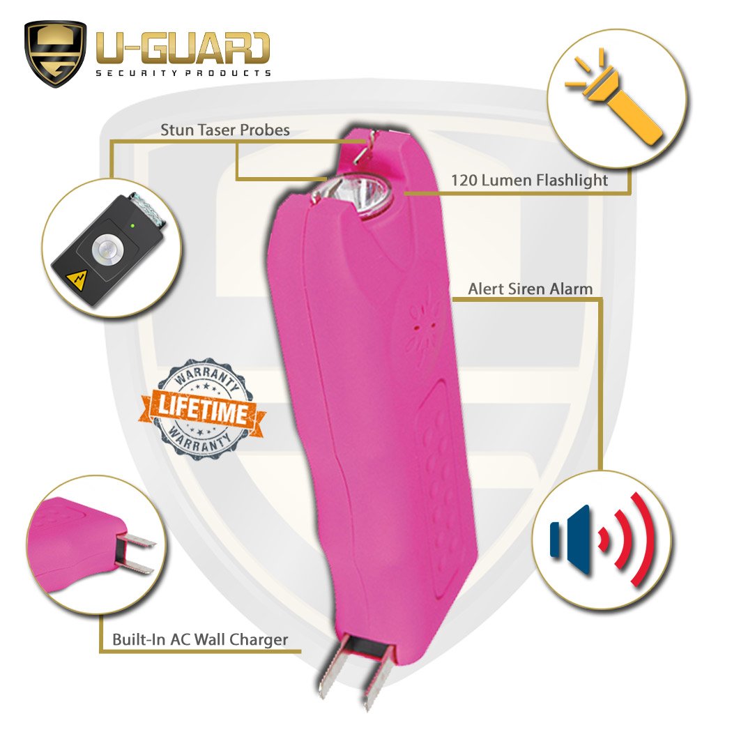 Stun Gun and Pepper Spray Combo with Personal Alarm Self-Defense Kit. Includes Police Strength Formula OC, UV Dye Keychain Pepper Spray, Flashlight Siren Alarm with Rechargeable Stun Gun Pink.