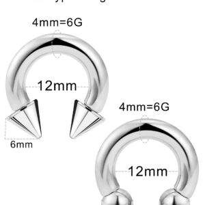 Ftovosyo PA Ring Internally Threaded Spike & Ball Circular Barbells Horseshoe Large Septum Ring Ear Gauges Earrings 6G 4mm 12mm 1/2" 316L Surgical Steel Pierced Body Jewelry for Women Men