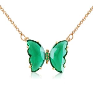 MISS RIGHT Butterfly Y2K Jewelry Emerald Green Necklace with Birthstones for Women, Dainty 14K Gold Plated Chain Cute Preppy Crystal Necklace